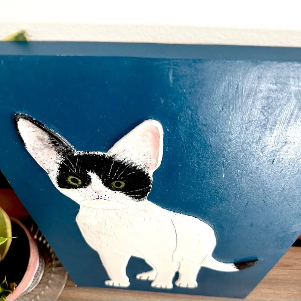 Original Cat Painting 3D Wood Wall Art Black & White Cat Quirky Art Blue Decor